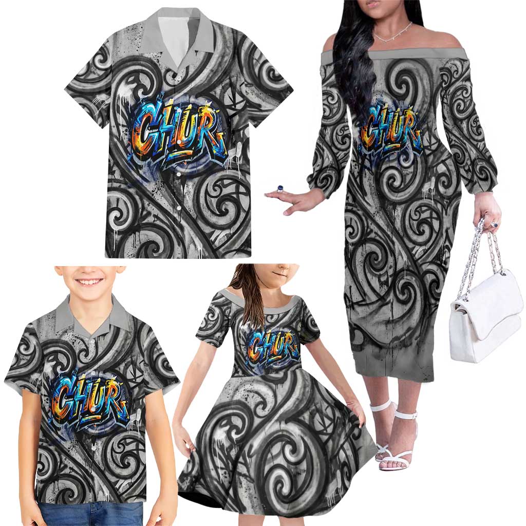 Chur Bro Shaka Sign Family Matching Off The Shoulder Long Sleeve Dress and Hawaiian Shirt New Zealand Koru Colorful Graffiti Splash TS04 - Polynesian Pride