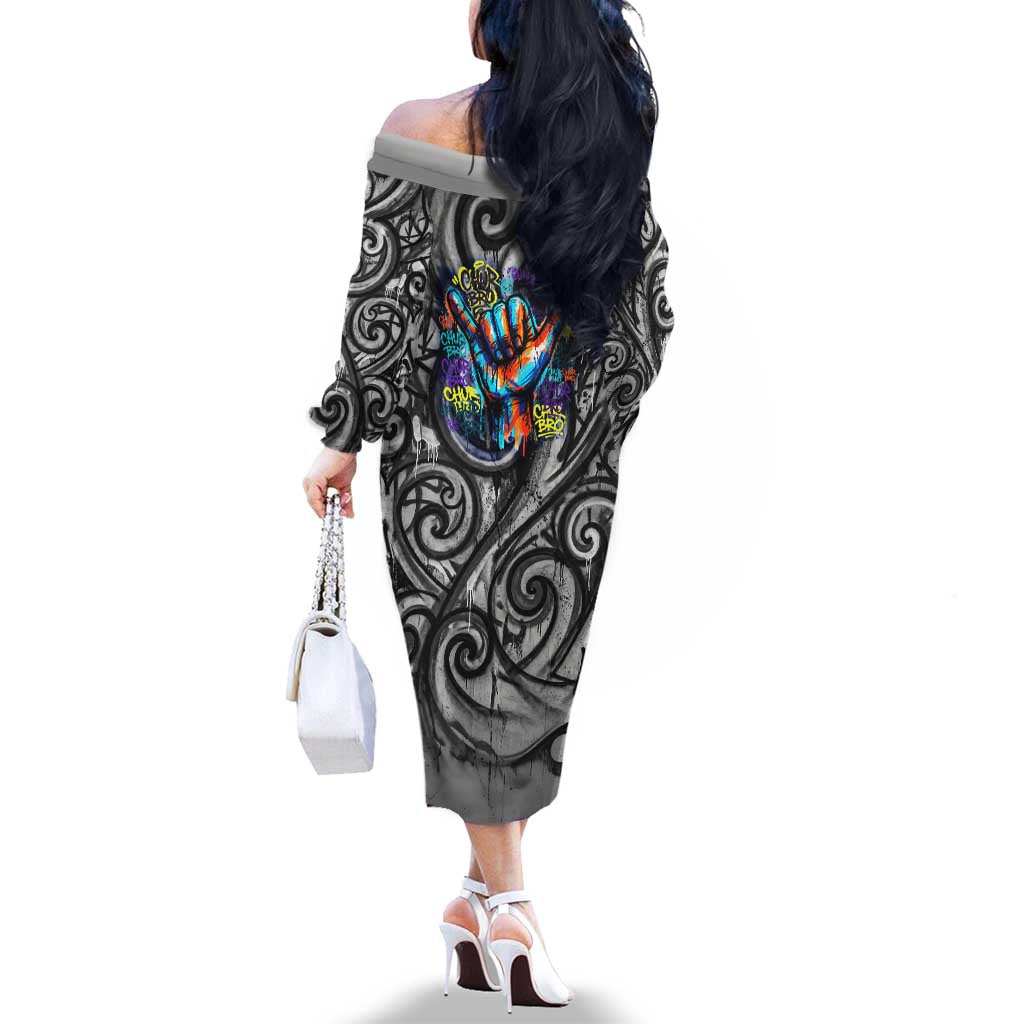 Chur Bro Shaka Sign Family Matching Off The Shoulder Long Sleeve Dress and Hawaiian Shirt New Zealand Koru Colorful Graffiti Splash TS04 - Polynesian Pride