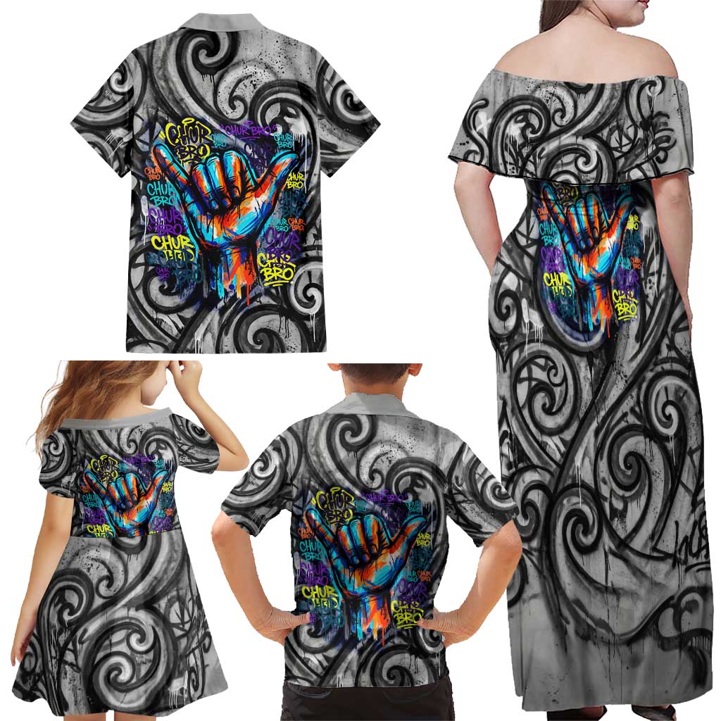 Chur Bro Shaka Sign Family Matching Off Shoulder Maxi Dress and Hawaiian Shirt New Zealand Koru Colorful Graffiti Splash TS04 - Polynesian Pride