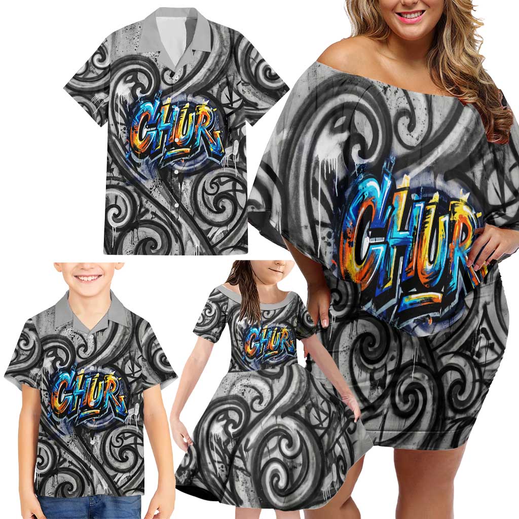 Chur Bro Shaka Sign Family Matching Off Shoulder Short Dress and Hawaiian Shirt New Zealand Koru Colorful Graffiti Splash TS04 - Polynesian Pride