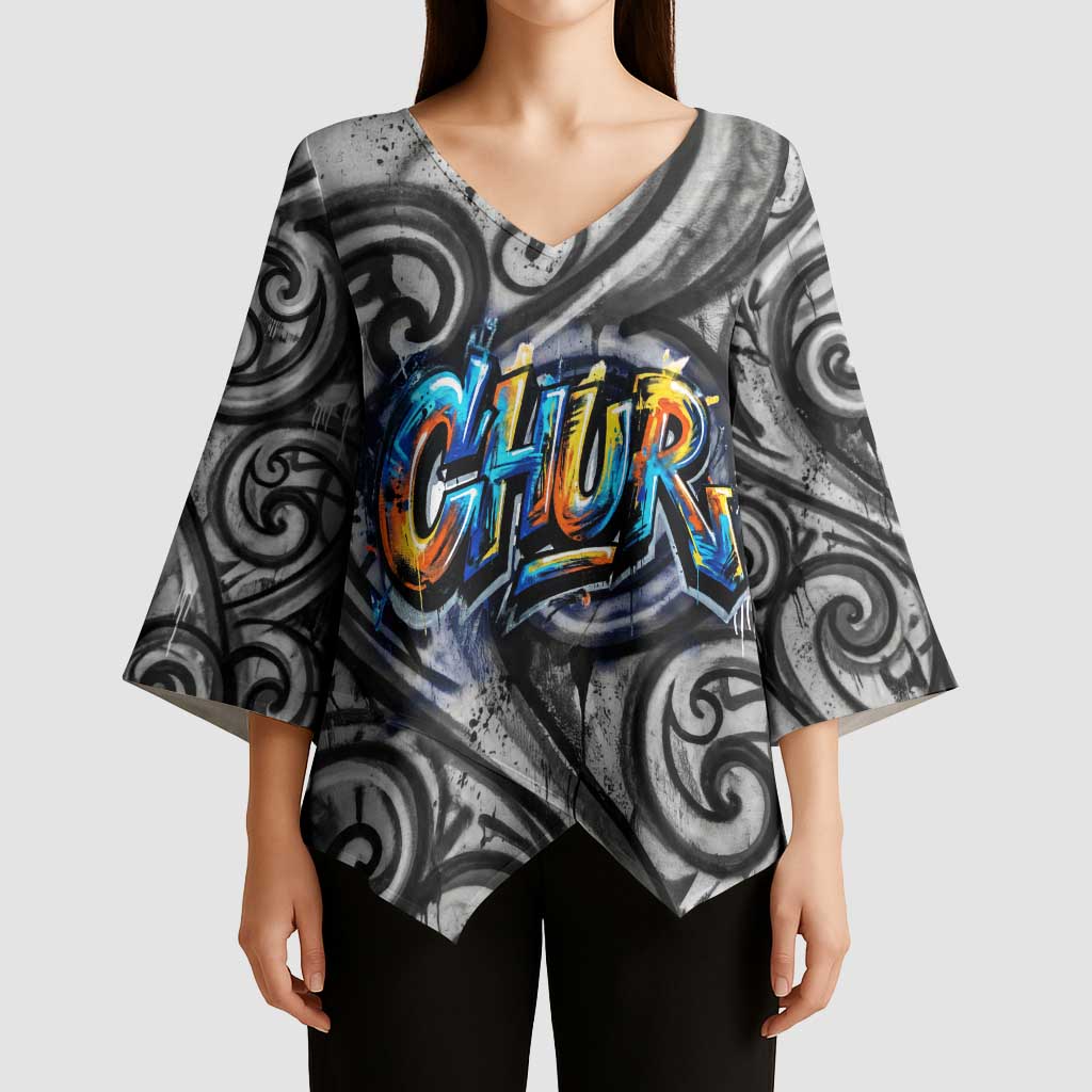 Chur Bro Shaka Sign Kimono Sleeve Blouse New Zealand Koru Colorful Graffiti Splash
