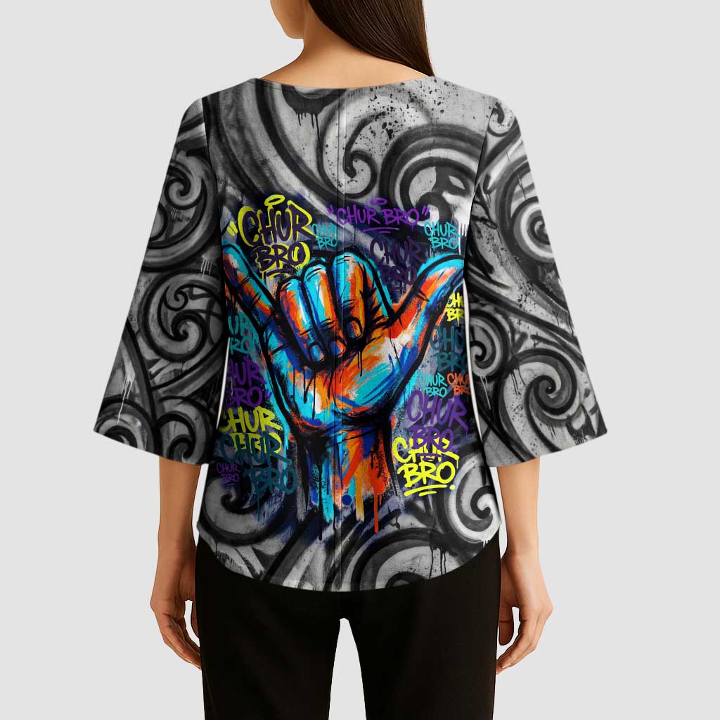 Chur Bro Shaka Sign Kimono Sleeve Blouse New Zealand Koru Colorful Graffiti Splash