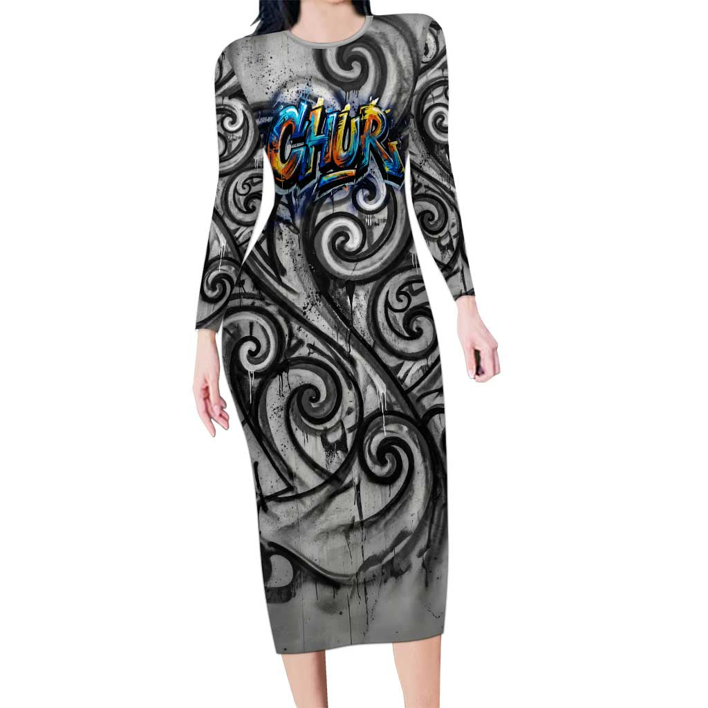 Chur Bro Shaka Sign Long Sleeve Bodycon Dress New Zealand Koru Colorful Graffiti Splash TS04 Long Dress Multicolor - Polynesian Pride