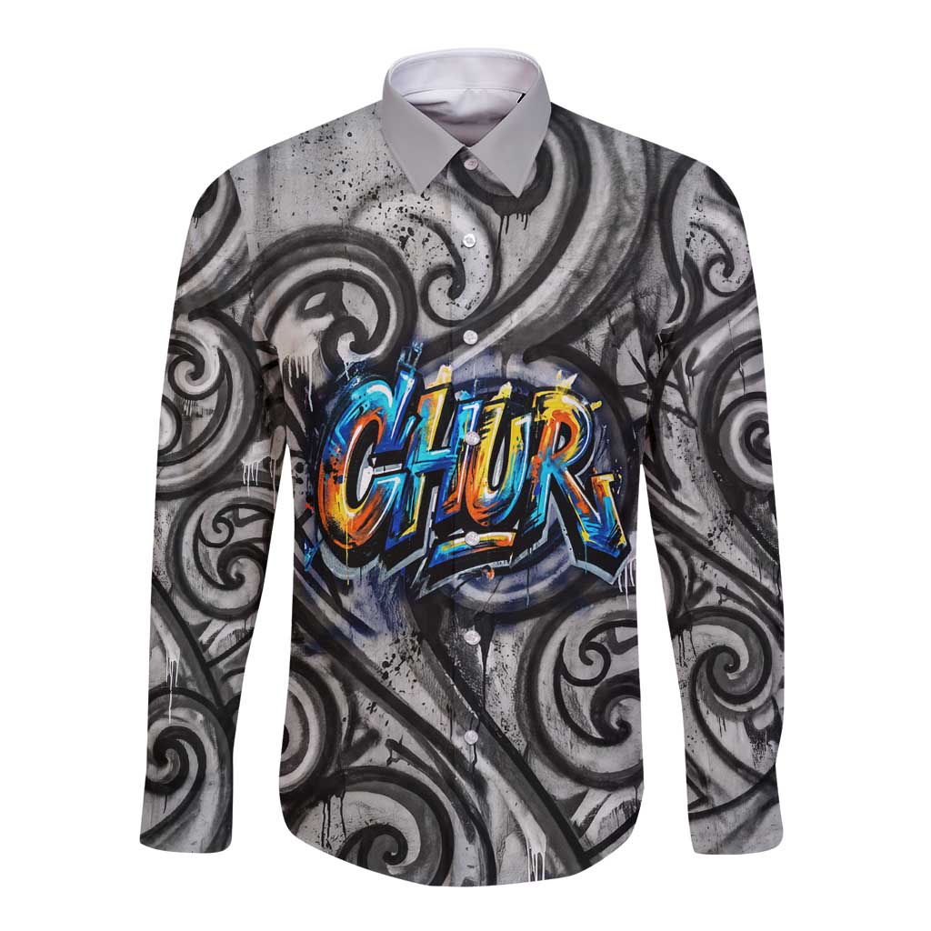 Chur Bro Shaka Sign Long Sleeve Button Shirt New Zealand Koru Colorful Graffiti Splash