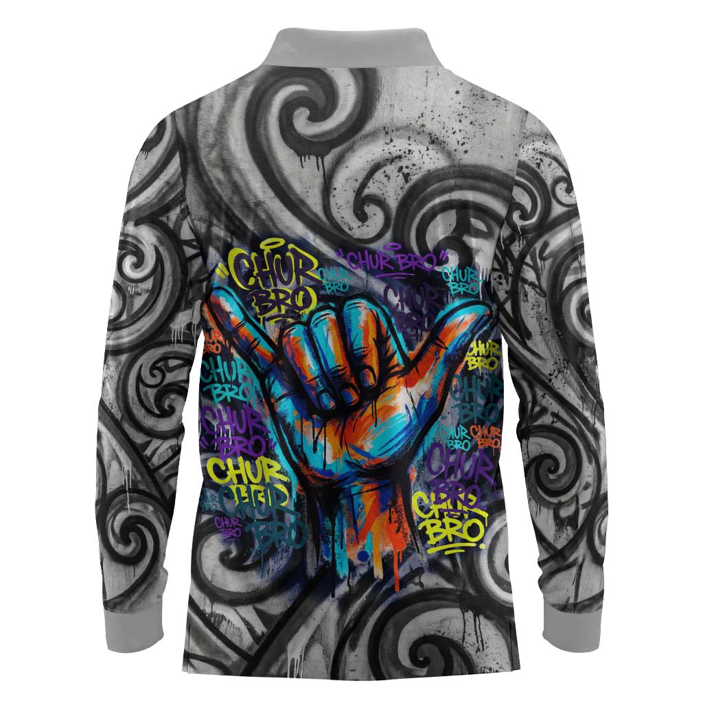Chur Bro Shaka Sign Long Sleeve Polo Shirt New Zealand Koru Colorful Graffiti Splash TS04 - Polynesian Pride