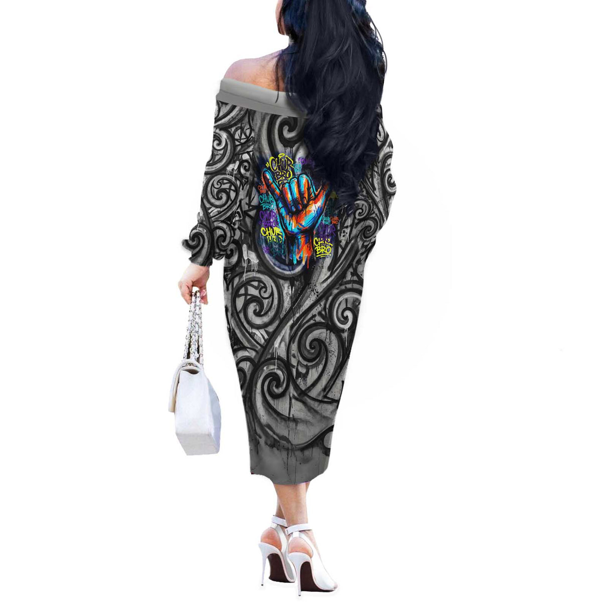 Chur Bro Shaka Sign Off The Shoulder Long Sleeve Dress New Zealand Koru Colorful Graffiti Splash TS04 - Polynesian Pride