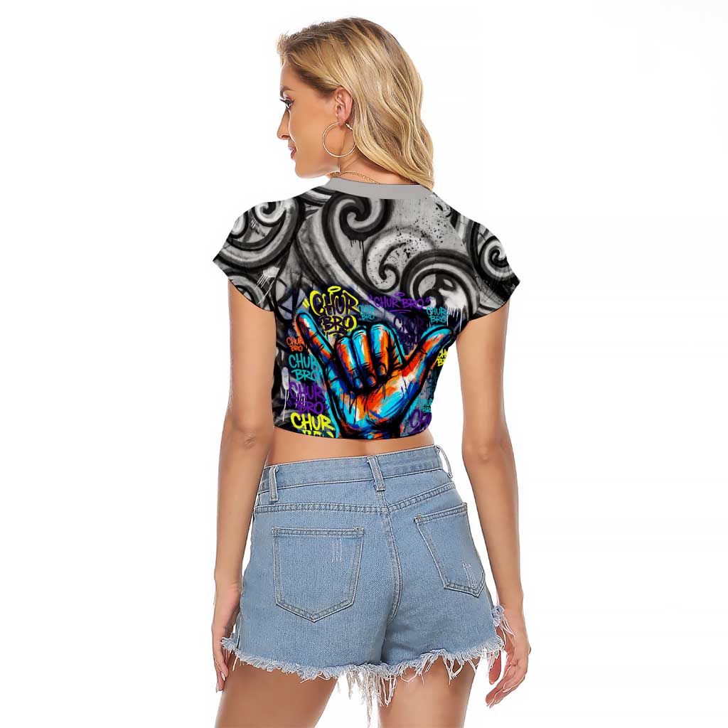 Chur Bro Shaka Sign Raglan Cropped T Shirt New Zealand Koru Colorful Graffiti Splash TS04 - Polynesian Pride