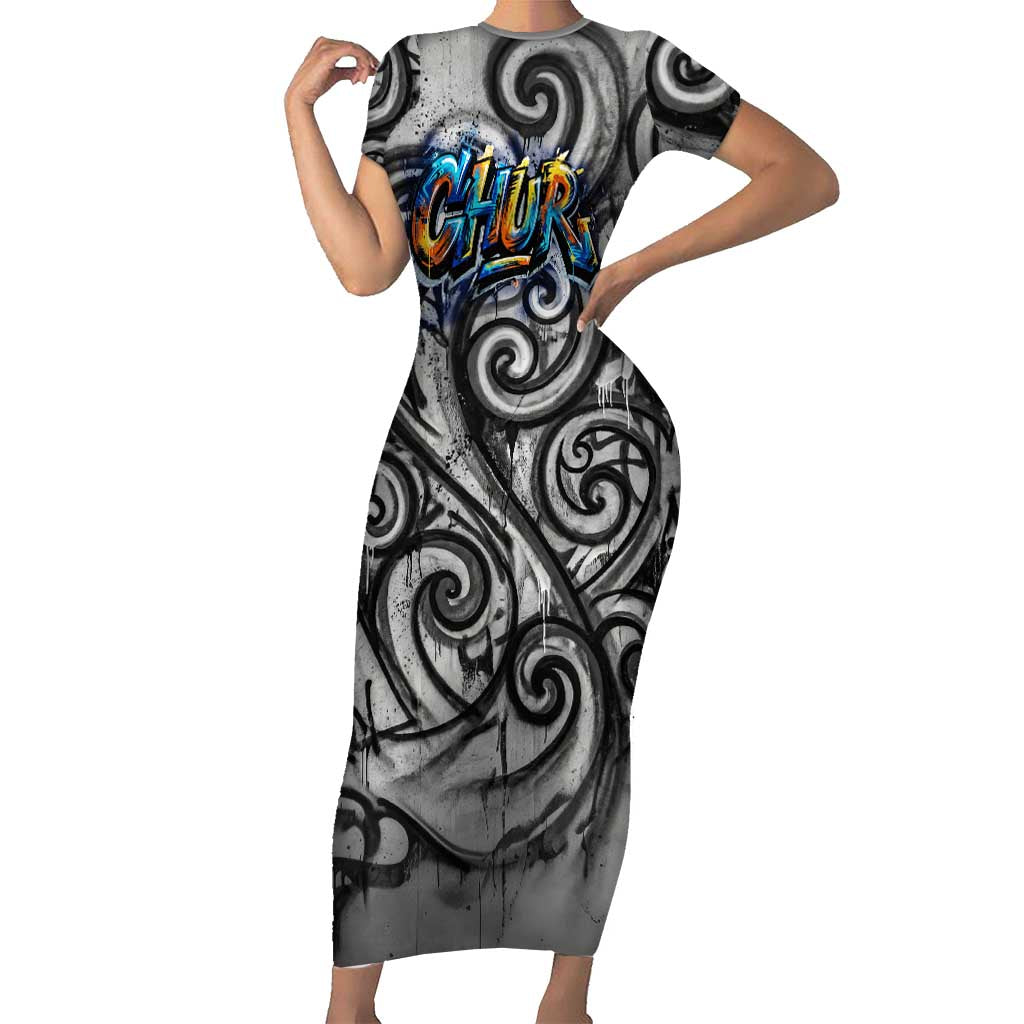 Chur Bro Shaka Sign Short Sleeve Bodycon Dress New Zealand Koru Colorful Graffiti Splash TS04 Long Dress Multicolor - Polynesian Pride