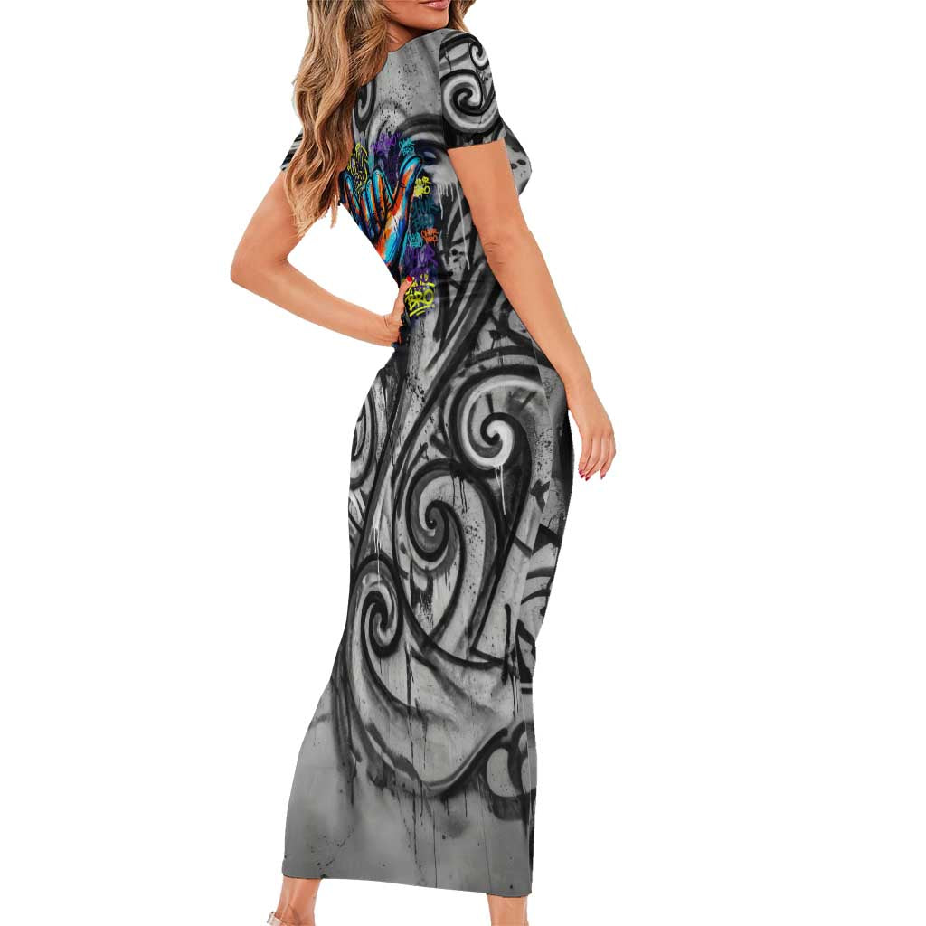 Chur Bro Shaka Sign Short Sleeve Bodycon Dress New Zealand Koru Colorful Graffiti Splash TS04 - Polynesian Pride