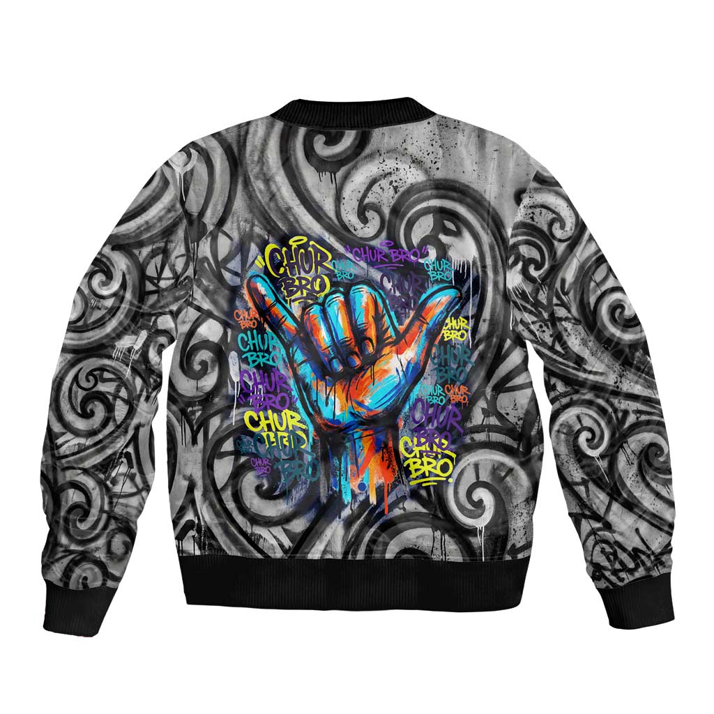 Chur Bro Shaka Sign Sleeve Zip Bomber Jacket New Zealand Koru Colorful Graffiti Splash