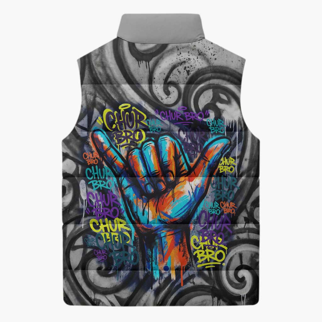 Chur Bro Shaka Sign Sleeveless Puffer Jacket New Zealand Koru Colorful Graffiti Splash