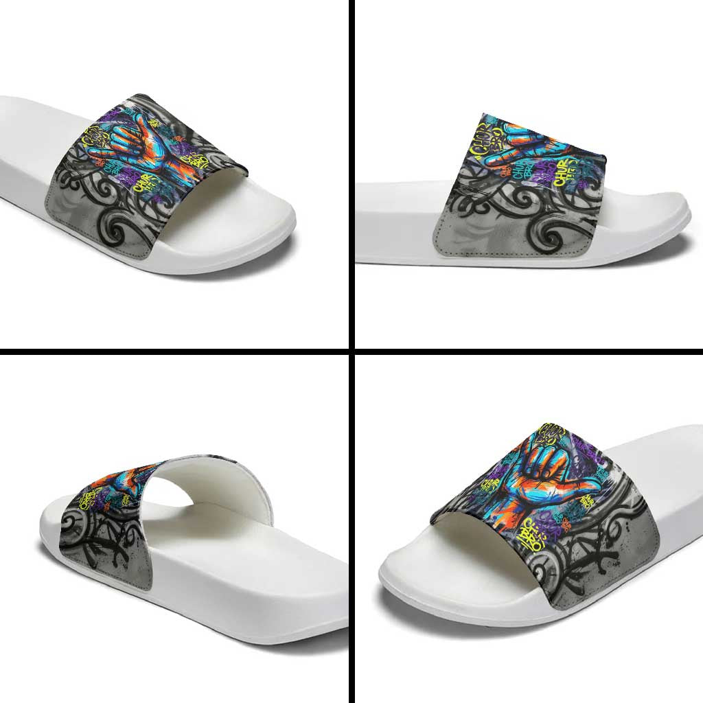 Chur Bro Shaka Sign Slide Sandals New Zealand Koru Colorful Graffiti Splash