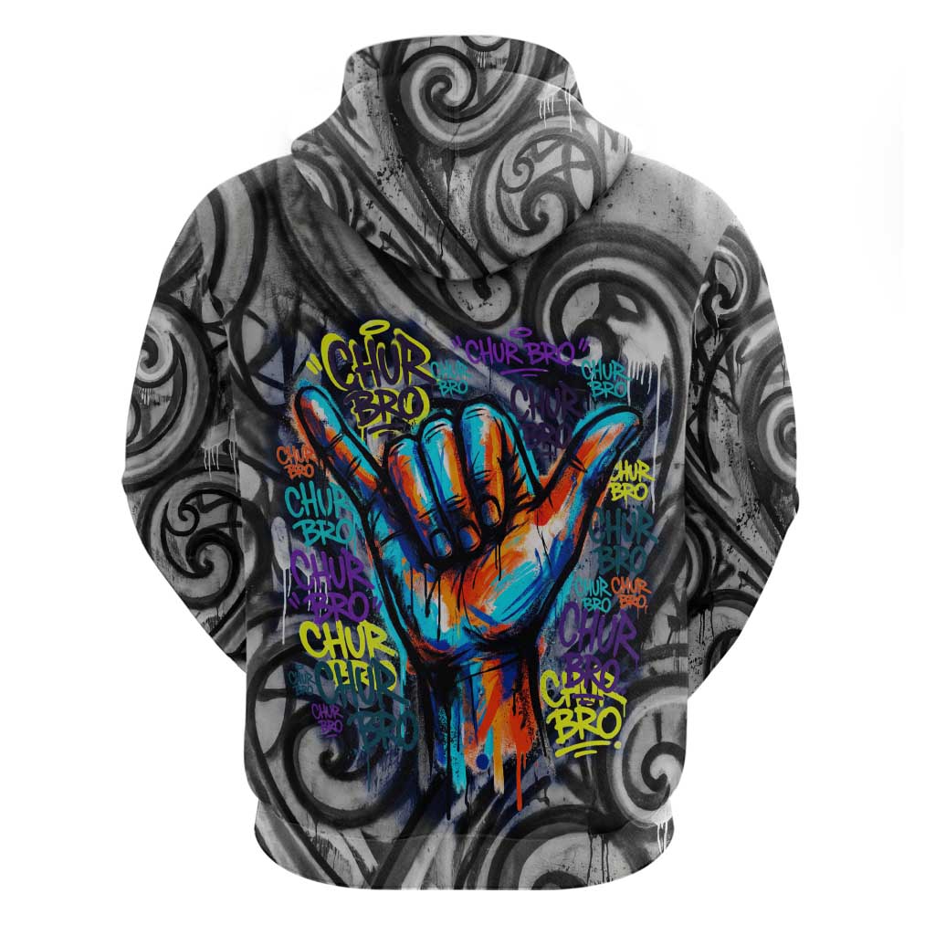 Chur Bro Shaka Sign Zip Hoodie New Zealand Koru Colorful Graffiti Splash