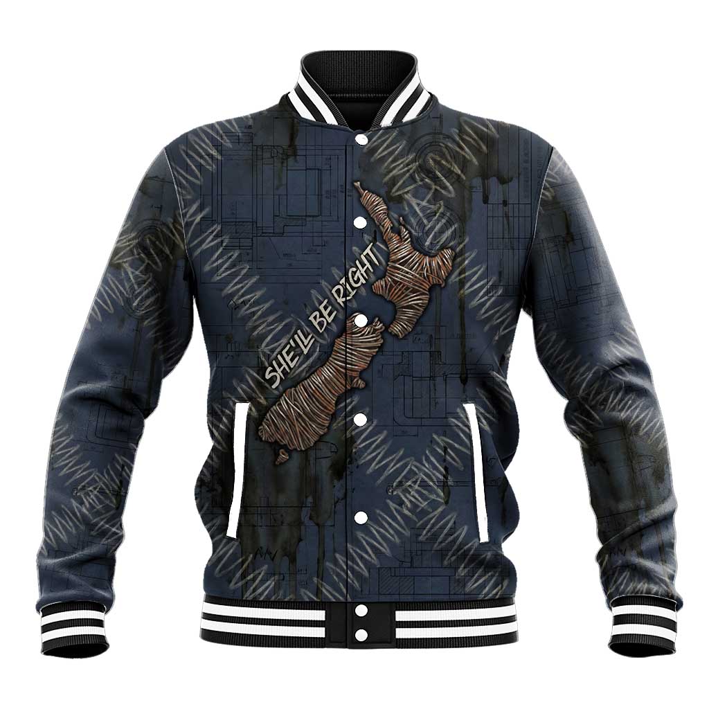 New Zealand She’ll Be Right Baseball Jacket NZ Slang No. 8 Wire Map Pattern