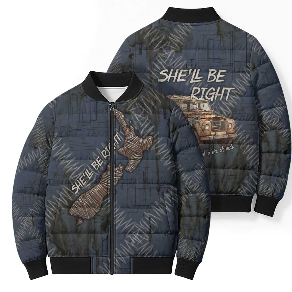 New Zealand She’ll Be Right Bomber Puffer Jacket NZ Slang No. 8 Wire Map Pattern