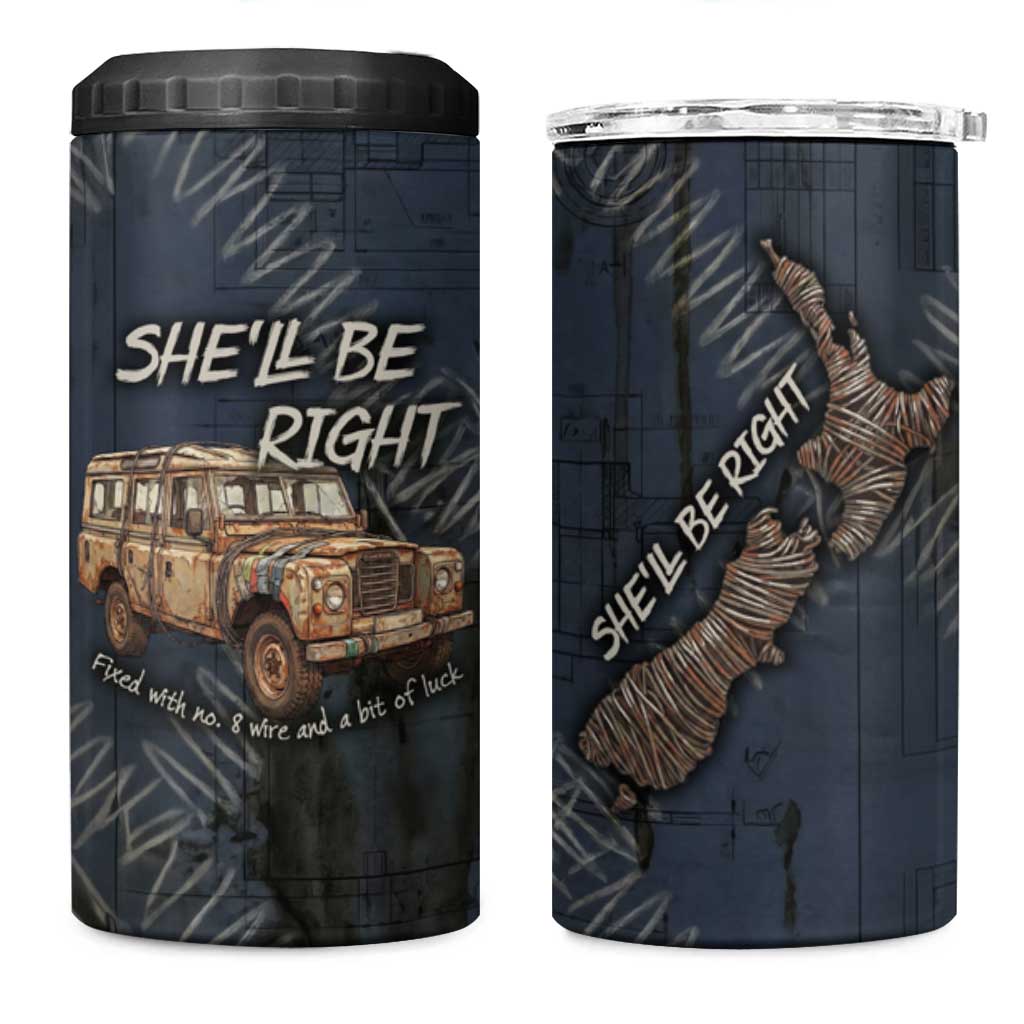 New Zealand She’ll Be Right 4 in 1 Can Cooler Tumbler NZ Slang No. 8 Wire Map Pattern