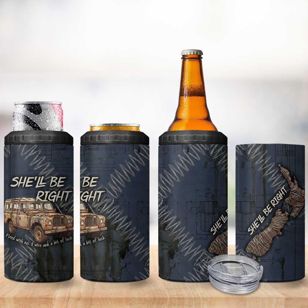 New Zealand She’ll Be Right 4 in 1 Can Cooler Tumbler NZ Slang No. 8 Wire Map Pattern