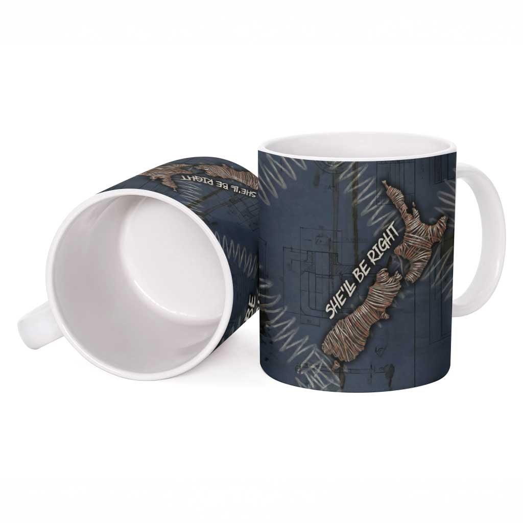New Zealand She’ll Be Right Ceramic Mug NZ Slang No. 8 Wire Map Pattern