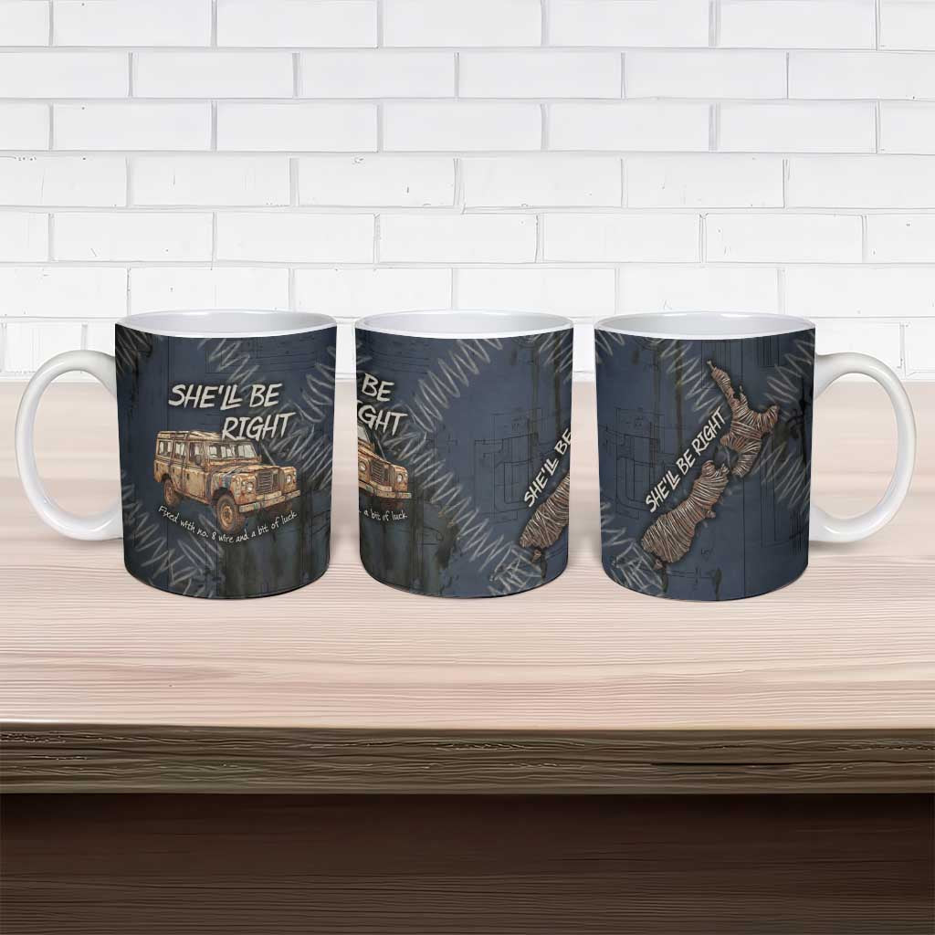 New Zealand She’ll Be Right Ceramic Mug NZ Slang No. 8 Wire Map Pattern