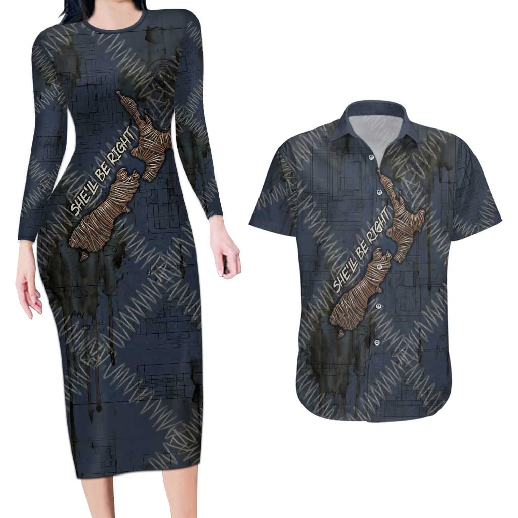 New Zealand She’ll Be Right Couples Matching Long Sleeve Bodycon Dress and Hawaiian Shirt NZ Slang No. 8 Wire Map Pattern