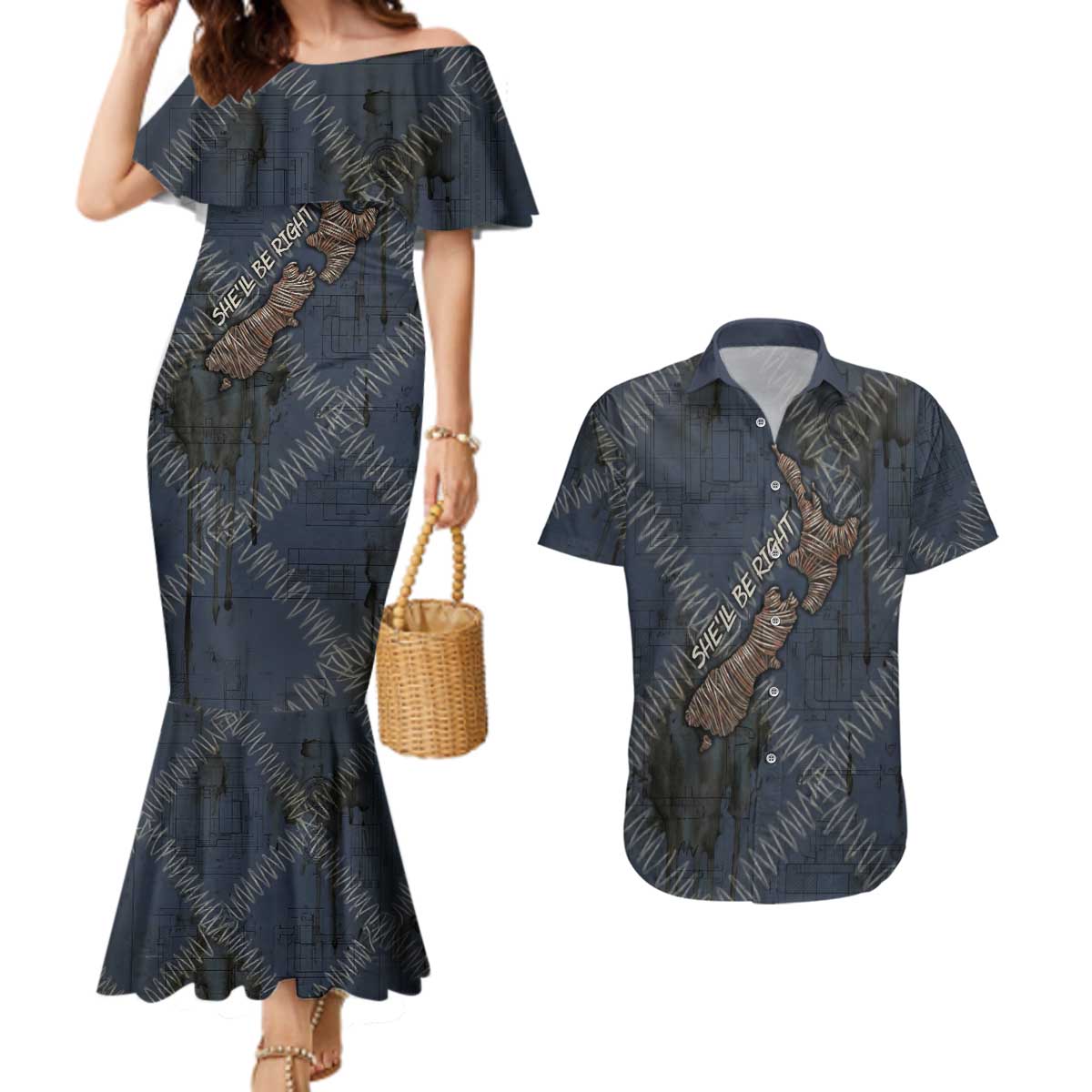 New Zealand She’ll Be Right Couples Matching Mermaid Dress and Hawaiian Shirt NZ Slang No. 8 Wire Map Pattern