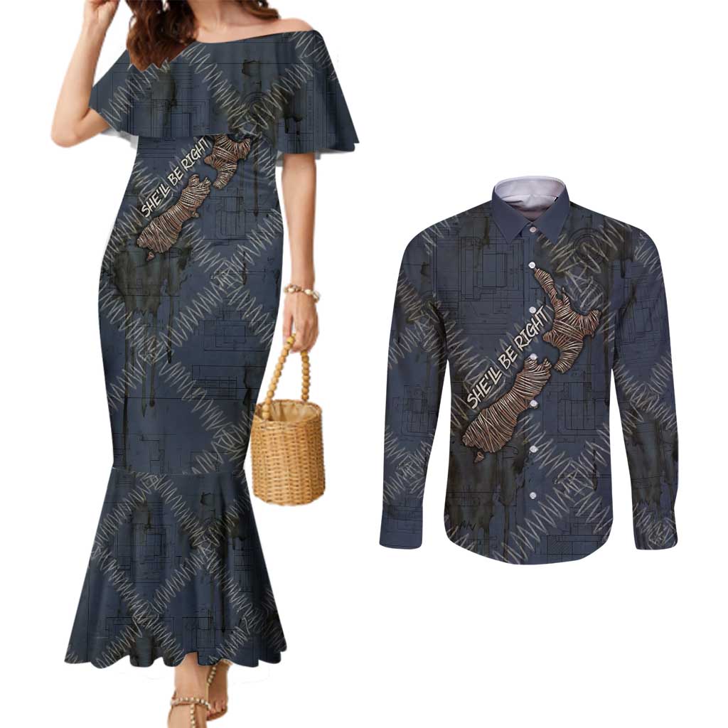 New Zealand She’ll Be Right Couples Matching Mermaid Dress and Long Sleeve Button Shirt NZ Slang No. 8 Wire Map Pattern TS04 Navy Slate - Polynesian Pride