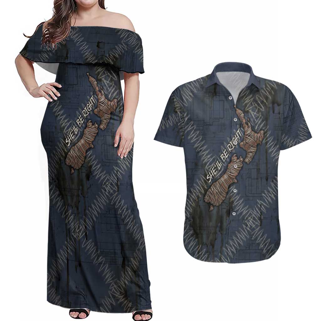 New Zealand She’ll Be Right Couples Matching Off Shoulder Maxi Dress and Hawaiian Shirt NZ Slang No. 8 Wire Map Pattern TS04 Navy Slate - Polynesian Pride