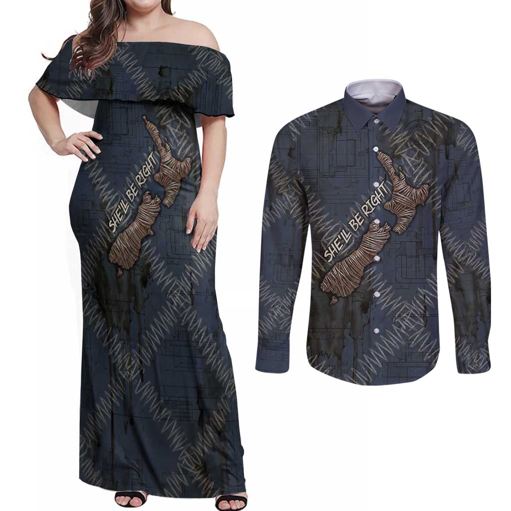 New Zealand She’ll Be Right Couples Matching Off Shoulder Maxi Dress and Long Sleeve Button Shirt NZ Slang No. 8 Wire Map Pattern TS04 Navy Slate - Polynesian Pride