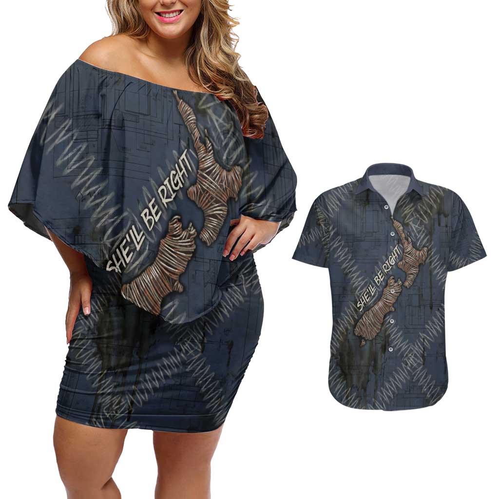 New Zealand She’ll Be Right Couples Matching Off Shoulder Short Dress and Hawaiian Shirt NZ Slang No. 8 Wire Map Pattern