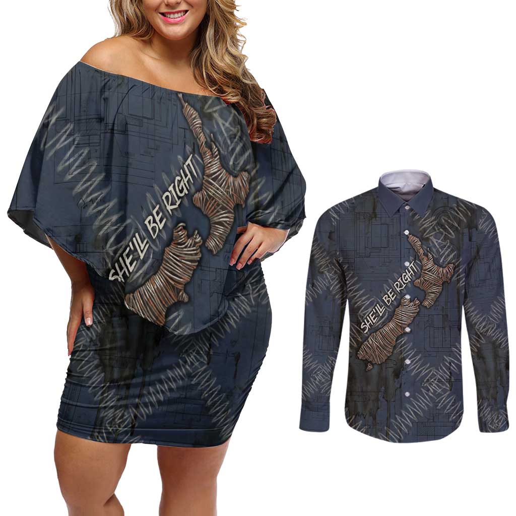 New Zealand She’ll Be Right Couples Matching Off Shoulder Short Dress and Long Sleeve Button Shirt NZ Slang No. 8 Wire Map Pattern TS04 Navy Slate - Polynesian Pride