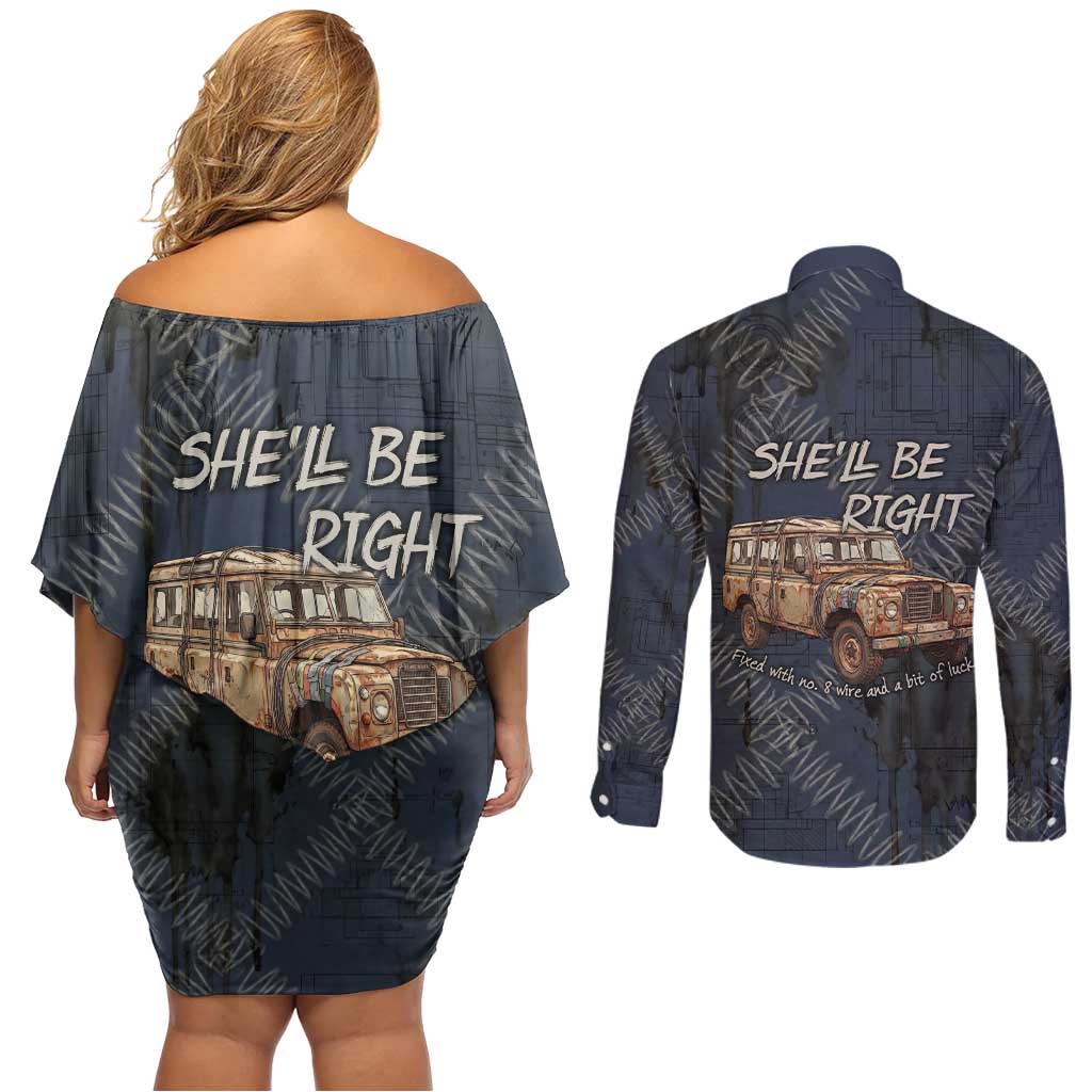 New Zealand She’ll Be Right Couples Matching Off Shoulder Short Dress and Long Sleeve Button Shirt NZ Slang No. 8 Wire Map Pattern