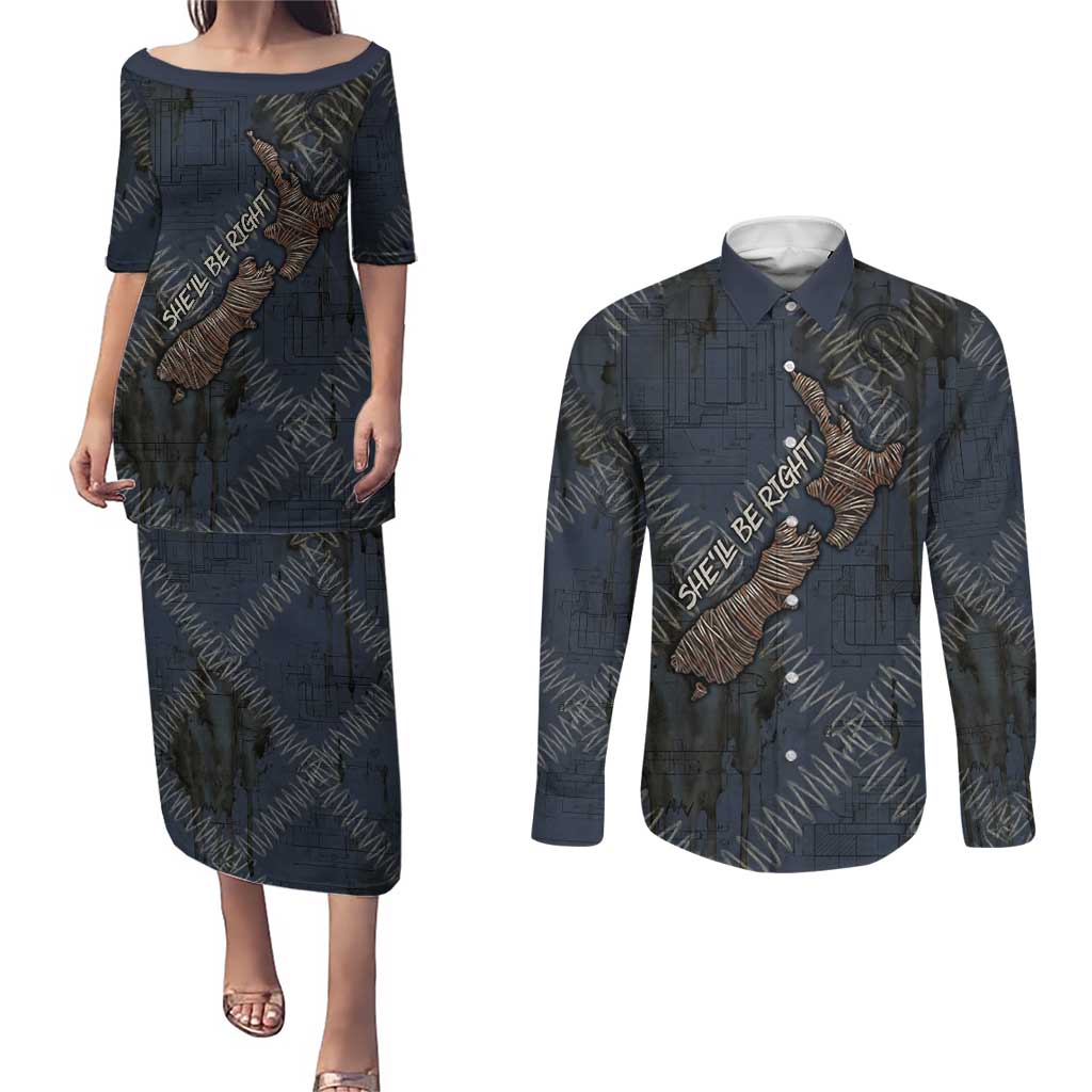 New Zealand She’ll Be Right Couples Matching Puletasi and Long Sleeve Button Shirt NZ Slang No. 8 Wire Map Pattern TS04 Navy Slate - Polynesian Pride