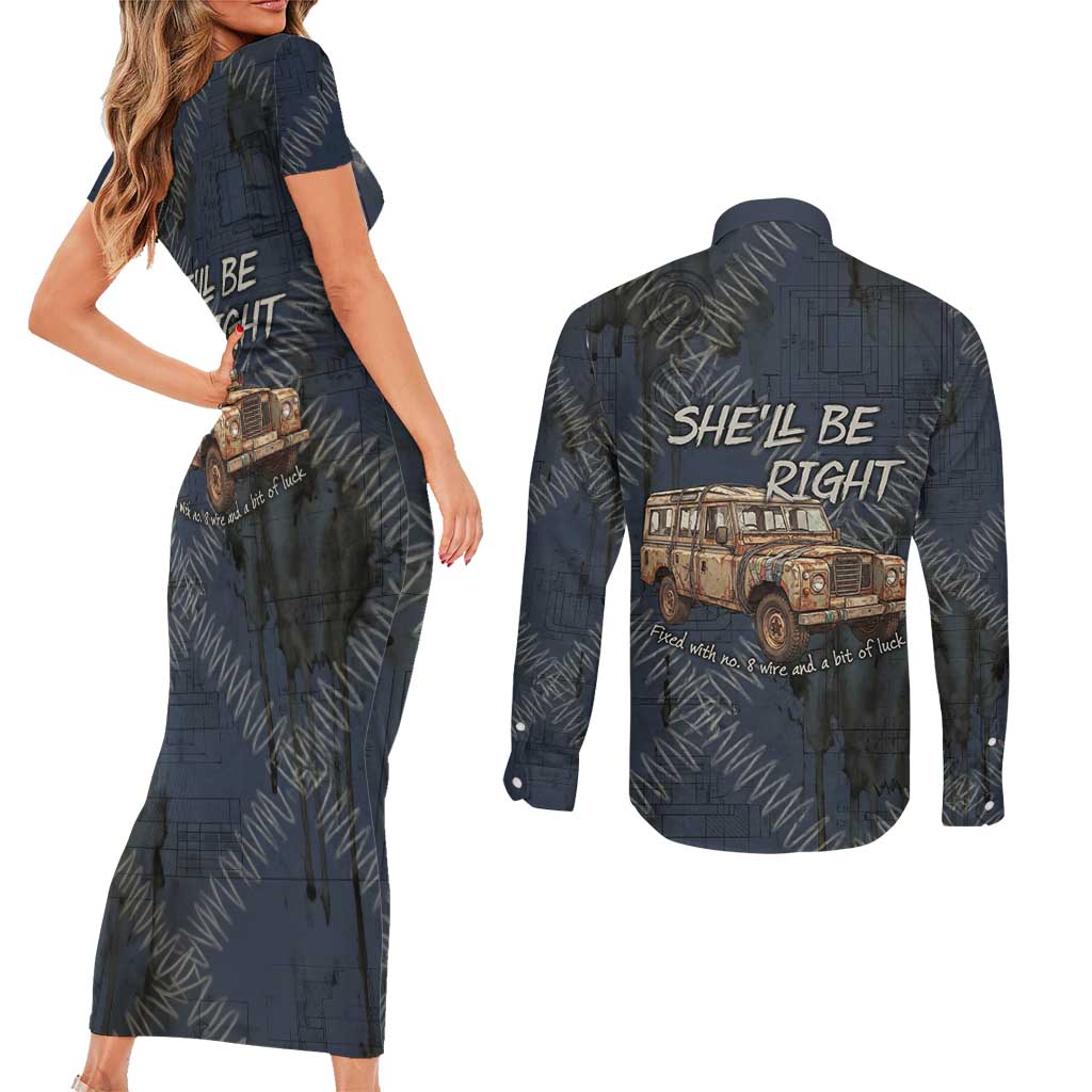 New Zealand She’ll Be Right Couples Matching Short Sleeve Bodycon Dress and Long Sleeve Button Shirt NZ Slang No. 8 Wire Map Pattern