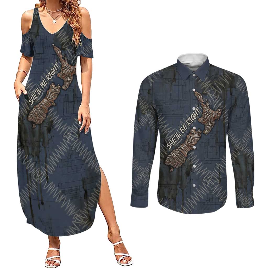 New Zealand She’ll Be Right Couples Matching Summer Maxi Dress and Long Sleeve Button Shirt NZ Slang No. 8 Wire Map Pattern TS04 Navy Slate - Polynesian Pride