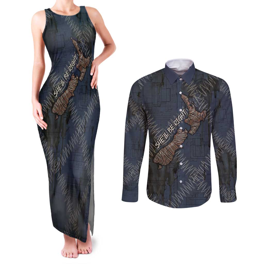 New Zealand She’ll Be Right Couples Matching Tank Maxi Dress and Long Sleeve Button Shirt NZ Slang No. 8 Wire Map Pattern TS04 Navy Slate - Polynesian Pride