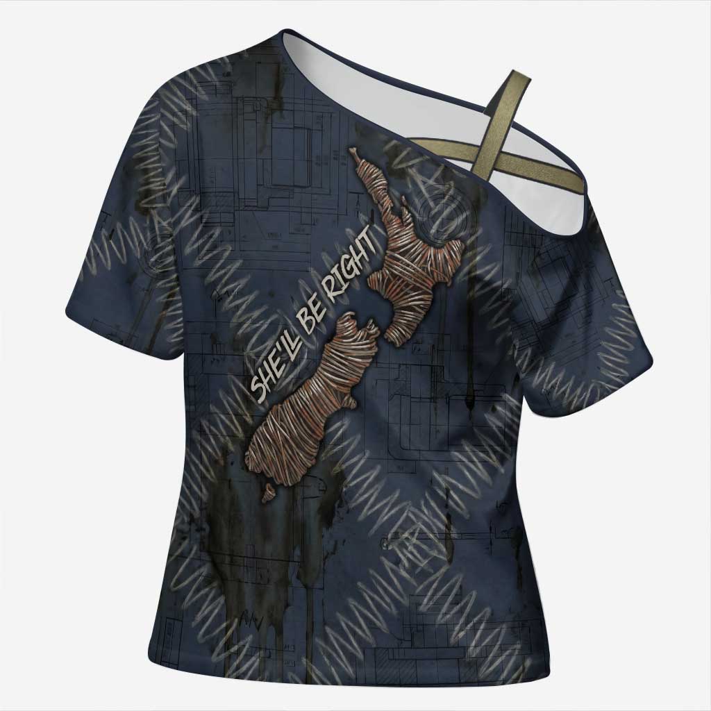 New Zealand She’ll Be Right Cross Shoulder Shirt NZ Slang No. 8 Wire Map Pattern
