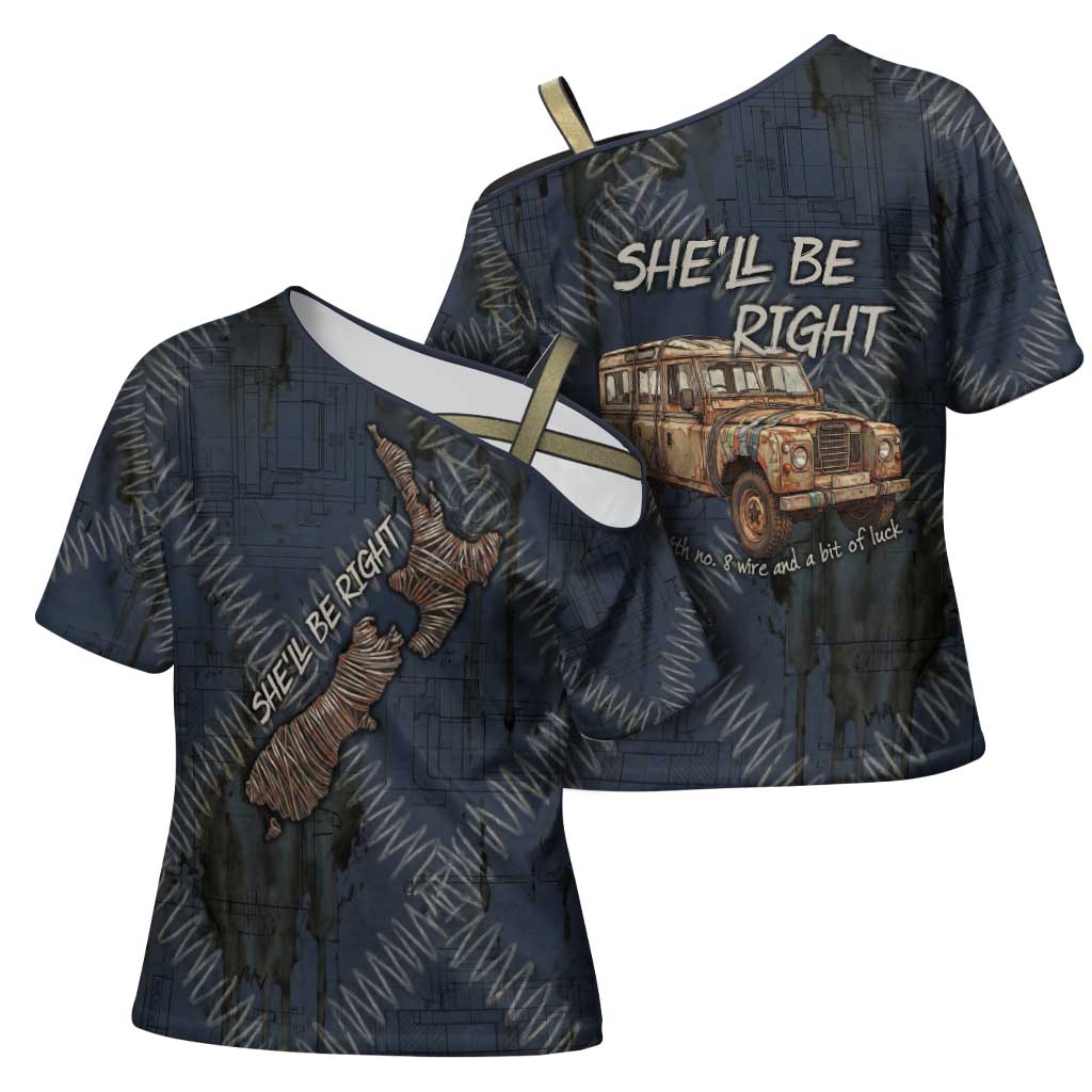 New Zealand She’ll Be Right Cross Shoulder Shirt NZ Slang No. 8 Wire Map Pattern