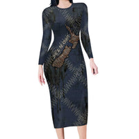 New Zealand She’ll Be Right Family Matching Long Sleeve Bodycon Dress and Hawaiian Shirt NZ Slang No. 8 Wire Map Pattern TS04 Mom's Dress Navy Slate - Polynesian Pride