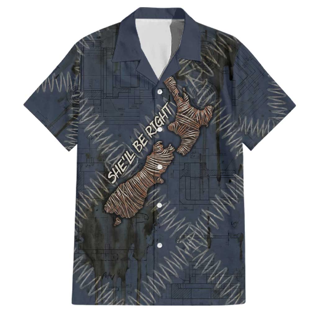 New Zealand She’ll Be Right Family Matching Off Shoulder Maxi Dress and Hawaiian Shirt NZ Slang No. 8 Wire Map Pattern TS04 Dad's Shirt - Short Sleeve Navy Slate - Polynesian Pride