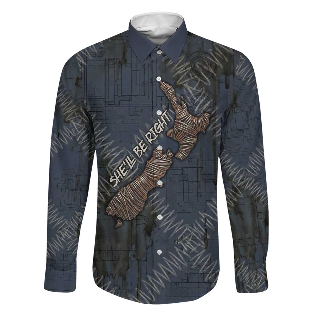 New Zealand She’ll Be Right Family Matching Off Shoulder Maxi Dress and Hawaiian Shirt NZ Slang No. 8 Wire Map Pattern TS04 Dad's Shirt - Long Sleeve Navy Slate - Polynesian Pride
