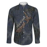 New Zealand She’ll Be Right Family Matching Off Shoulder Maxi Dress and Hawaiian Shirt NZ Slang No. 8 Wire Map Pattern TS04 Dad's Shirt - Long Sleeve Navy Slate - Polynesian Pride