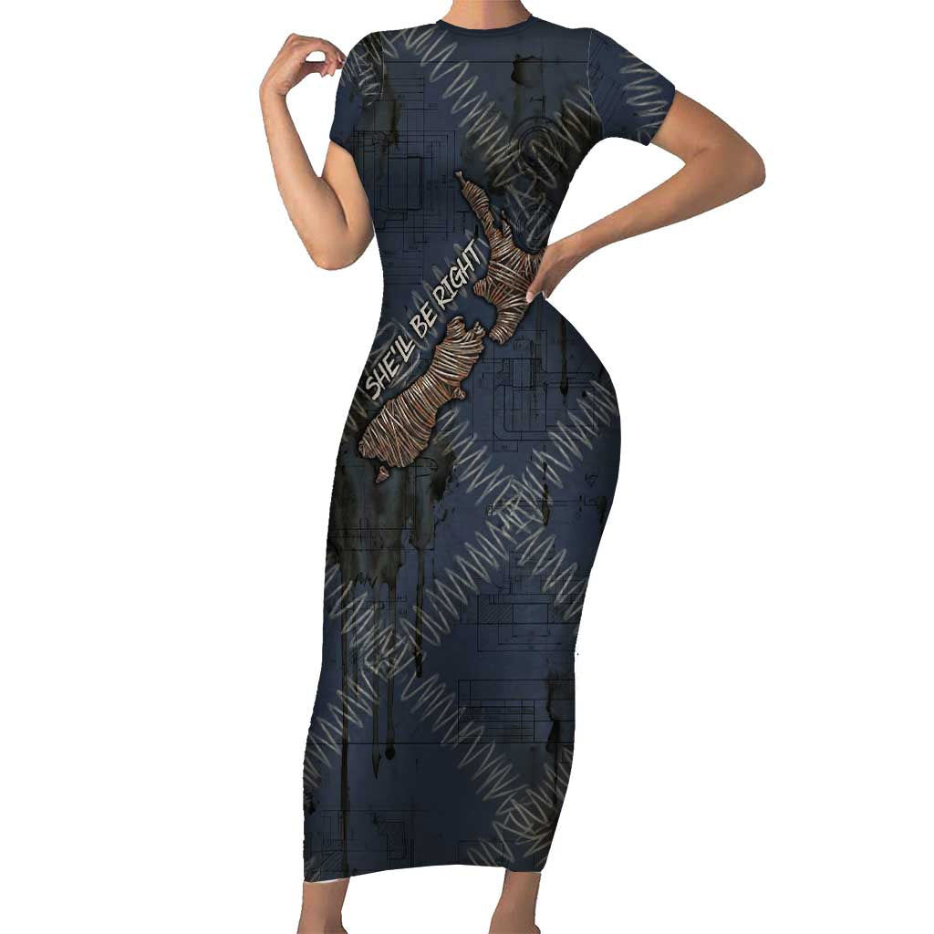 New Zealand She’ll Be Right Family Matching Short Sleeve Bodycon Dress and Hawaiian Shirt NZ Slang No. 8 Wire Map Pattern TS04 Mom's Dress Navy Slate - Polynesian Pride