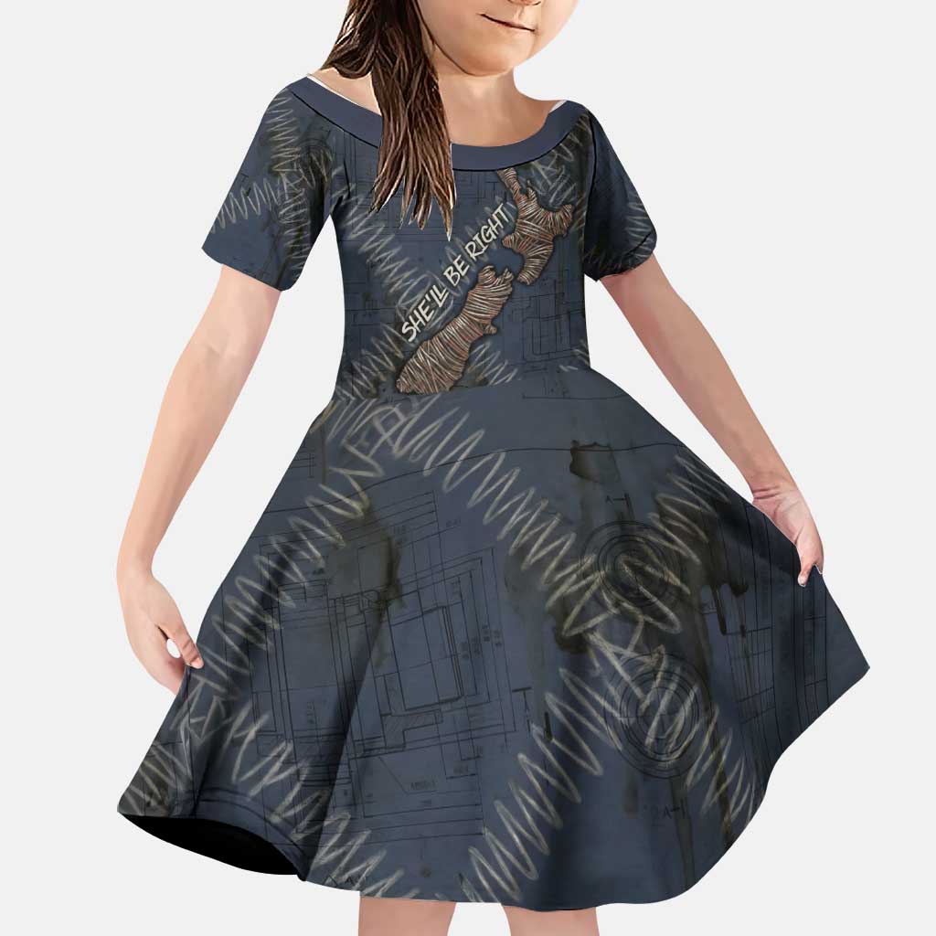New Zealand She’ll Be Right Family Matching Summer Maxi Dress and Hawaiian Shirt NZ Slang No. 8 Wire Map Pattern TS04 Daughter's Dress Navy Slate - Polynesian Pride