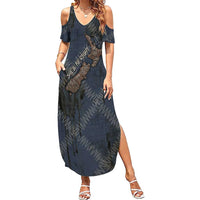 New Zealand She’ll Be Right Family Matching Summer Maxi Dress and Hawaiian Shirt NZ Slang No. 8 Wire Map Pattern TS04 Mom's Dress Navy Slate - Polynesian Pride