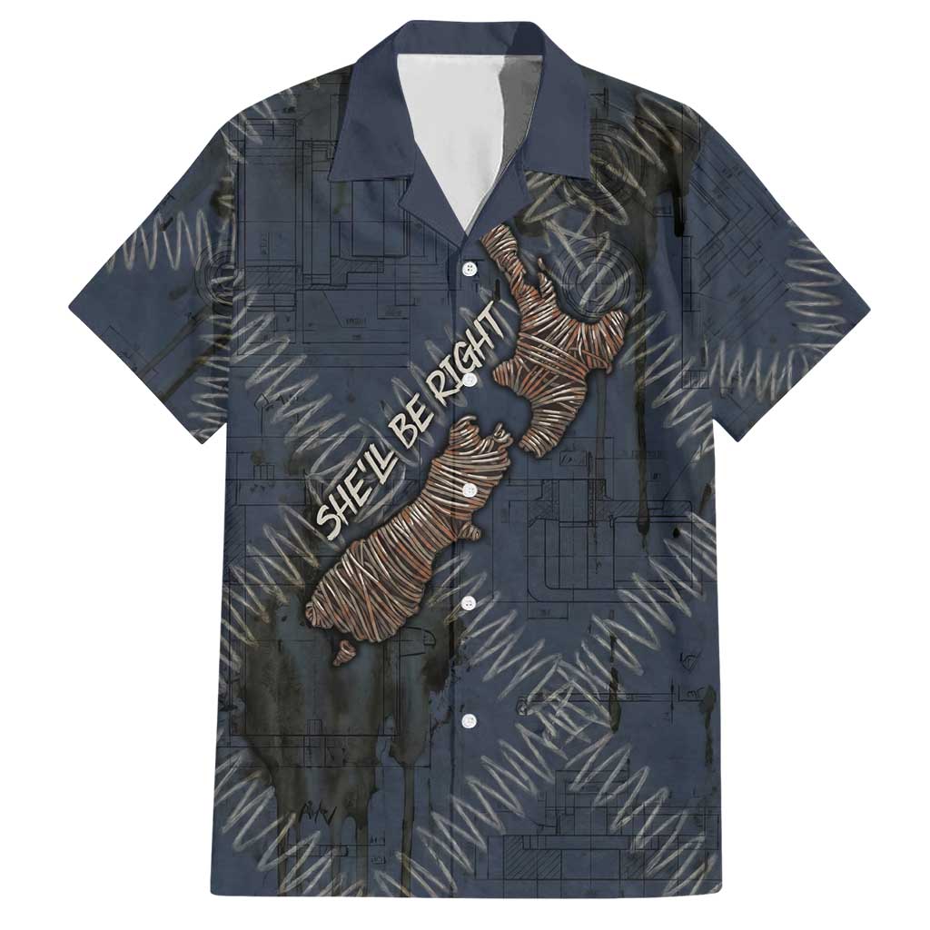 New Zealand She’ll Be Right Hawaiian Shirt NZ Slang No. 8 Wire Map Pattern TS04 Navy Slate - Polynesian Pride