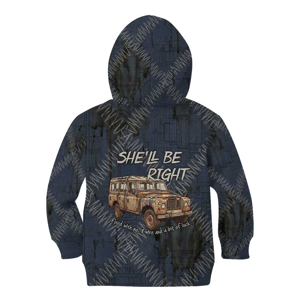 New Zealand She’ll Be Right Kid Hoodie NZ Slang No. 8 Wire Map Pattern