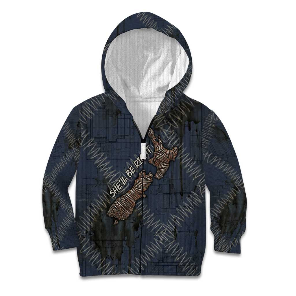 New Zealand She’ll Be Right Kid Hoodie NZ Slang No. 8 Wire Map Pattern