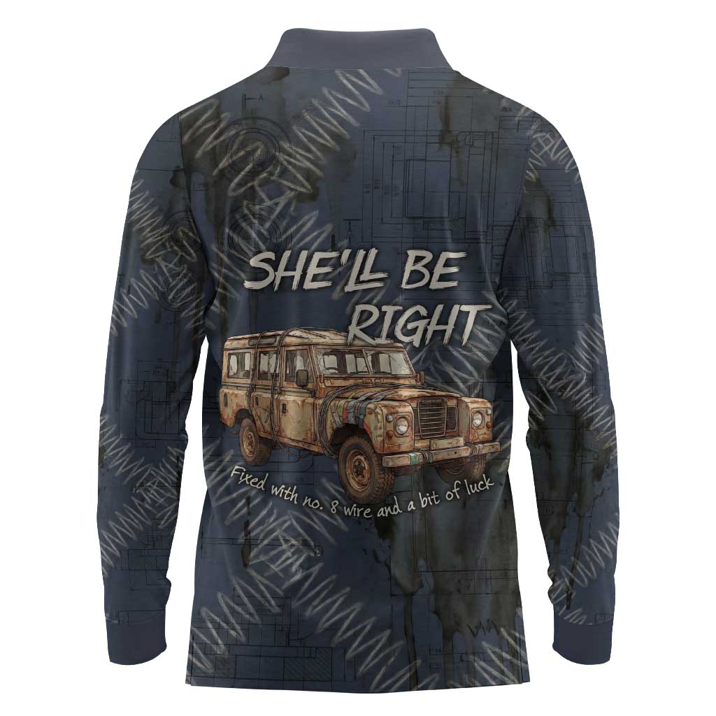 New Zealand She’ll Be Right Long Sleeve Polo Shirt NZ Slang No. 8 Wire Map Pattern