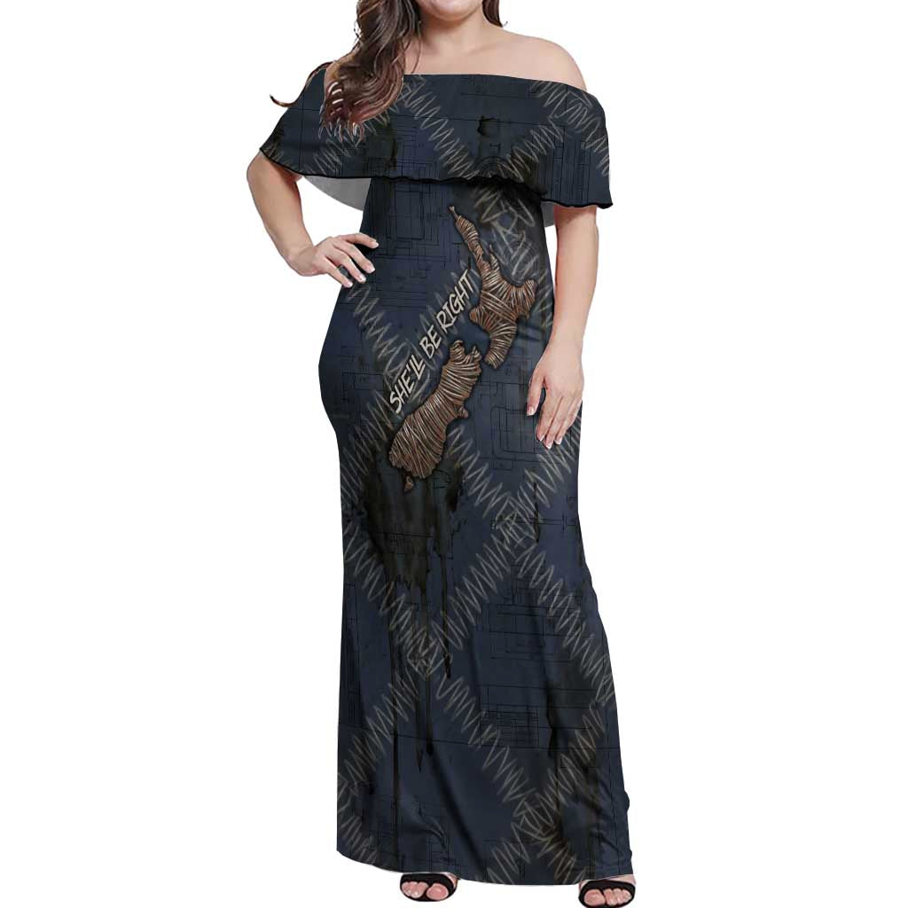 New Zealand She’ll Be Right Off Shoulder Maxi Dress NZ Slang No. 8 Wire Map Pattern TS04 Women Navy Slate - Polynesian Pride