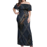 New Zealand She’ll Be Right Off Shoulder Maxi Dress NZ Slang No. 8 Wire Map Pattern TS04 Women Navy Slate - Polynesian Pride